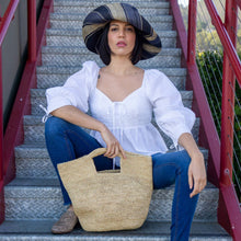 Crocheted Straw Basket Bag - Denim