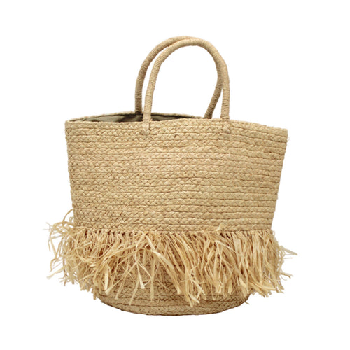 Fringed Straw Basket Bag - Natural
