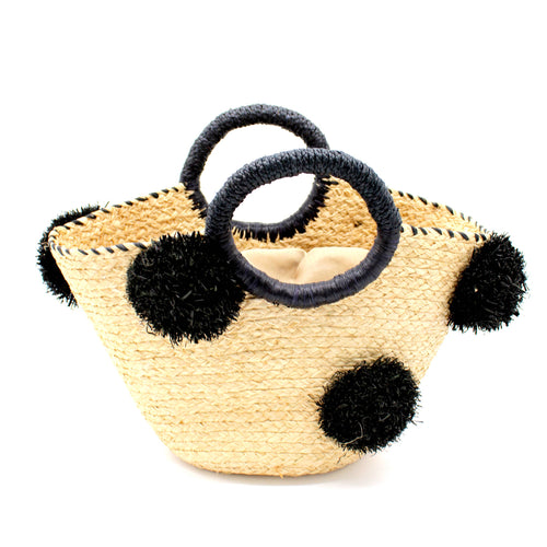 Raffia Pom Pom Tote - Black