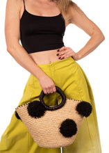 Raffia Pom Pom Tote - Black