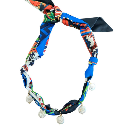 Scarf Necklace - Multi Pearl Drop (Blue)