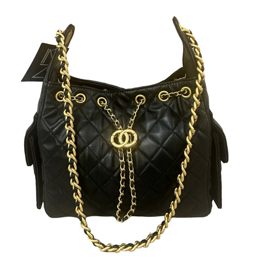 Chain Handle Drawstring Bucket - Black