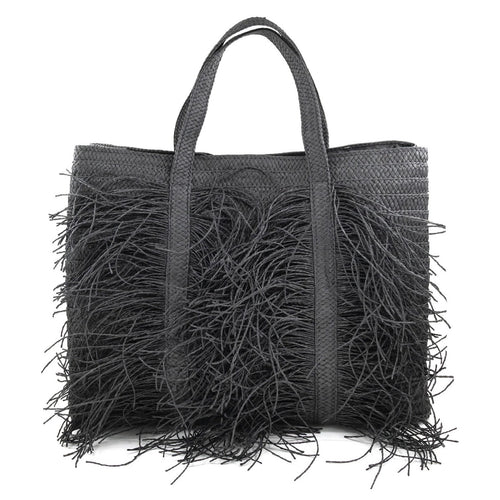 Straw Fringe Tote - Black