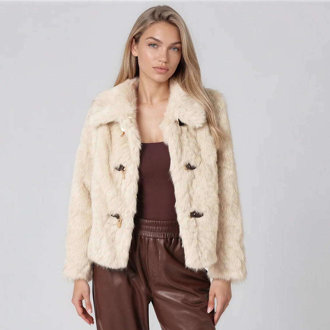 Ivory Herringbone Faux Fur Jacket
