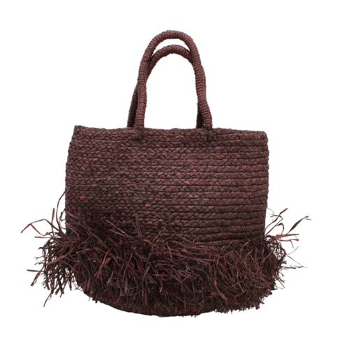 Fringed Straw Basket Bag - Chocolate