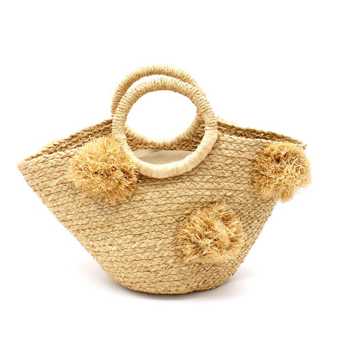 Raffia Pom Pom Tote - Natural